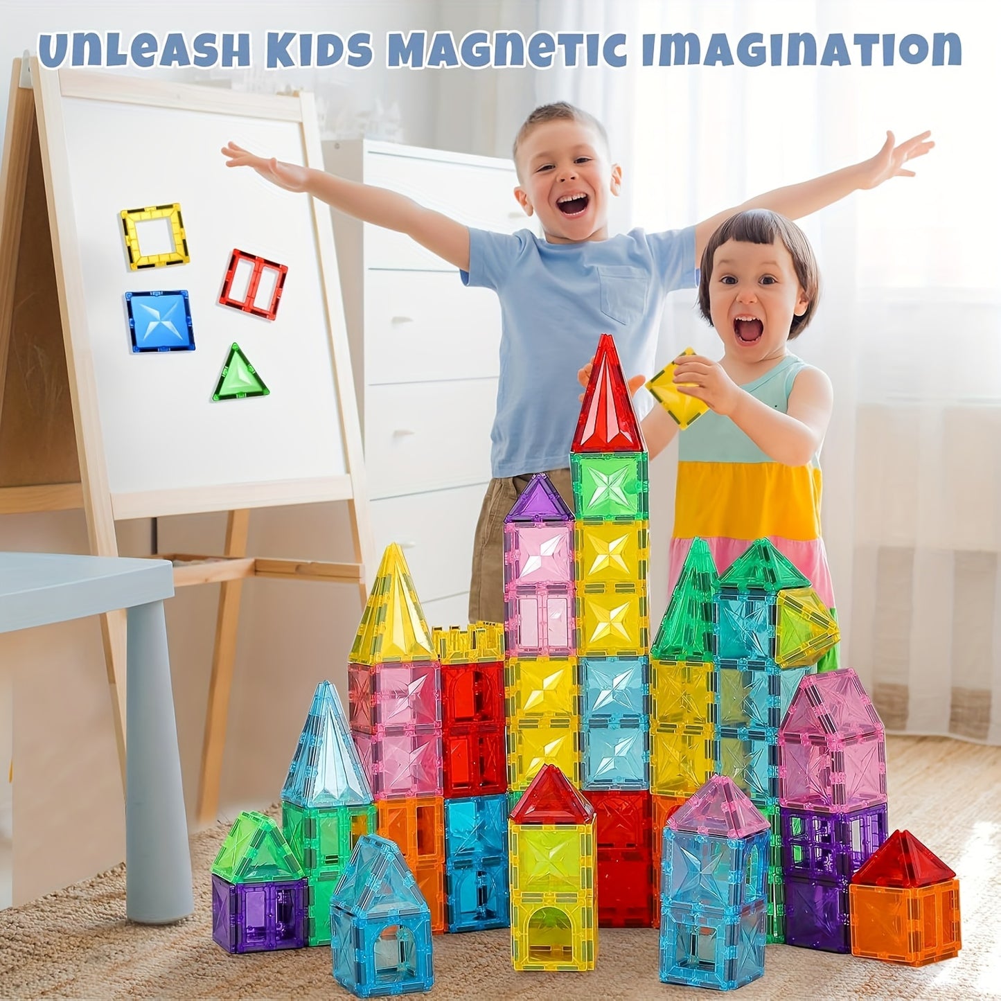 120\u002F102\u002F80pcs Deluxe Magnetic Tiles with 2 Cars Toy Set, 3D Diamond Magnet Tiles Building Blocks, Toys for 3 - 8 Years, STEM Preschool Kids Sensory Educational Toys Gift for Boys Girls, Easter