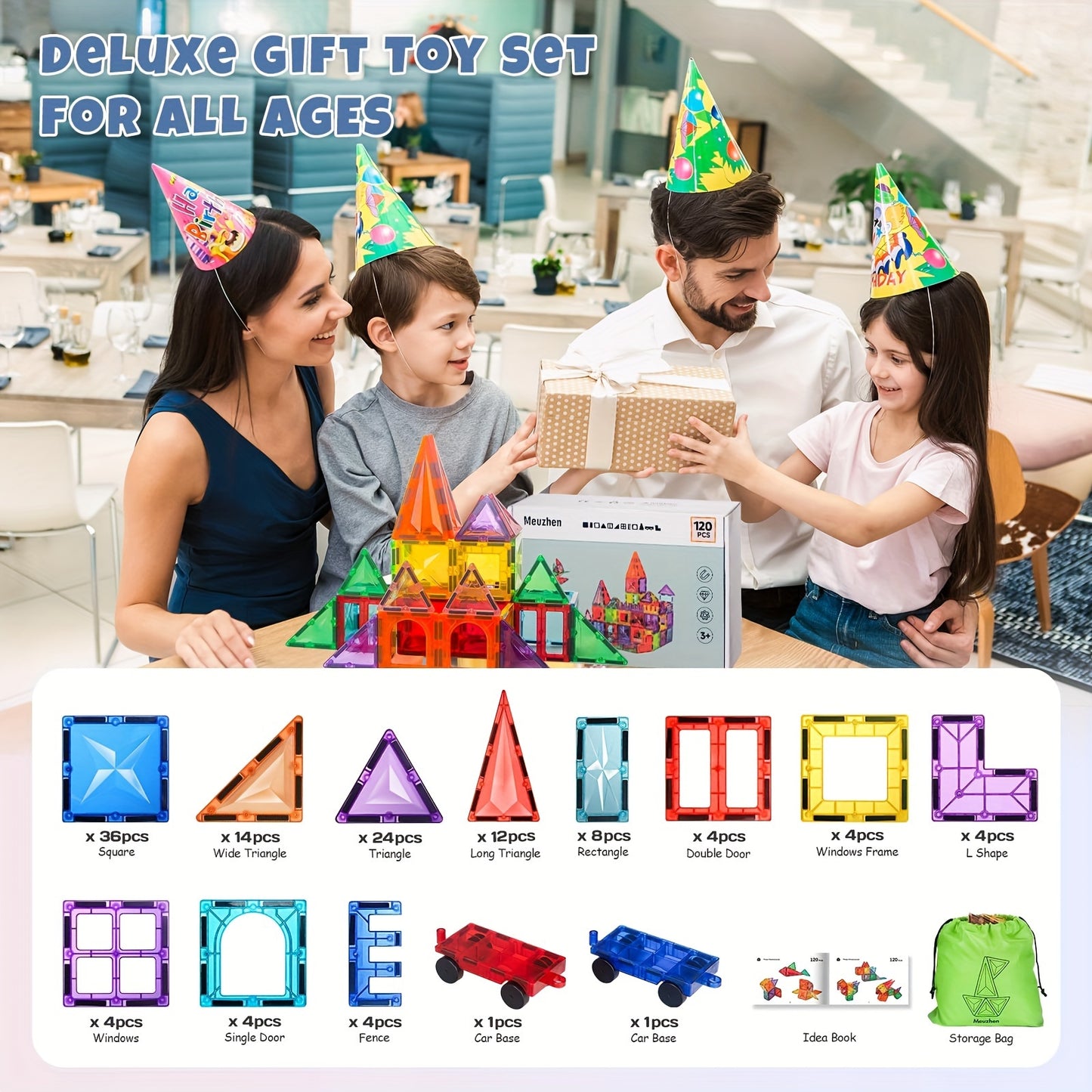 120\u002F102\u002F80pcs Deluxe Magnetic Tiles with 2 Cars Toy Set, 3D Diamond Magnet Tiles Building Blocks, Toys for 3 - 8 Years, STEM Preschool Kids Sensory Educational Toys Gift for Boys Girls, Easter