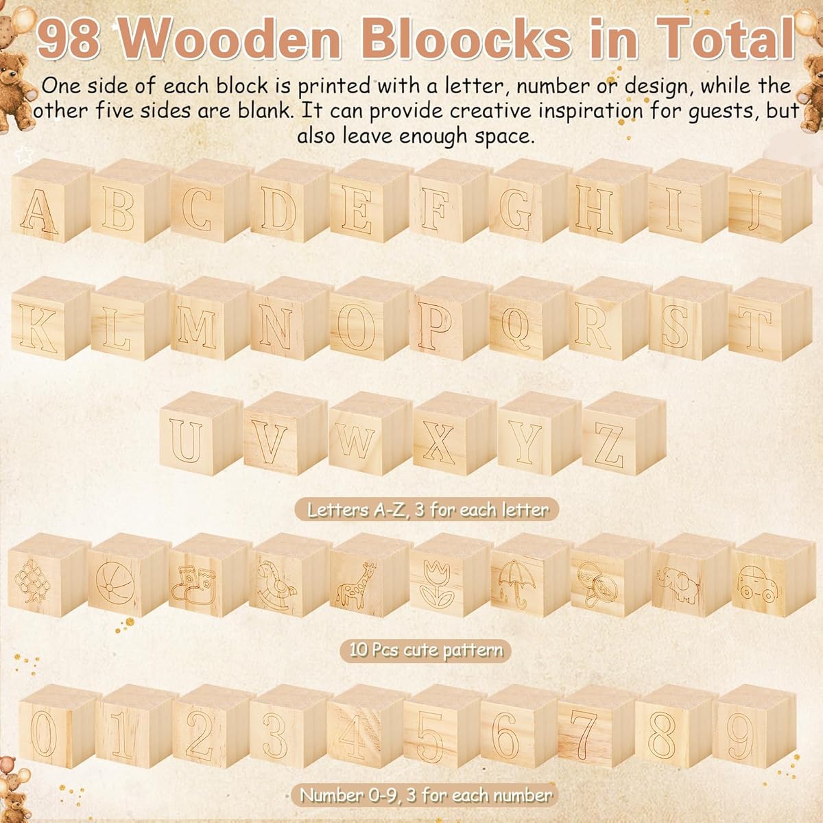 136pcs Marsui Shower Block Building - 98 Wood Blocks, 36 Markers & Storage Box with Alphabet, Numbers, Patterns - Gender Reveal Party Games, DIY Decor, Announcement Activity Kit for & Showers