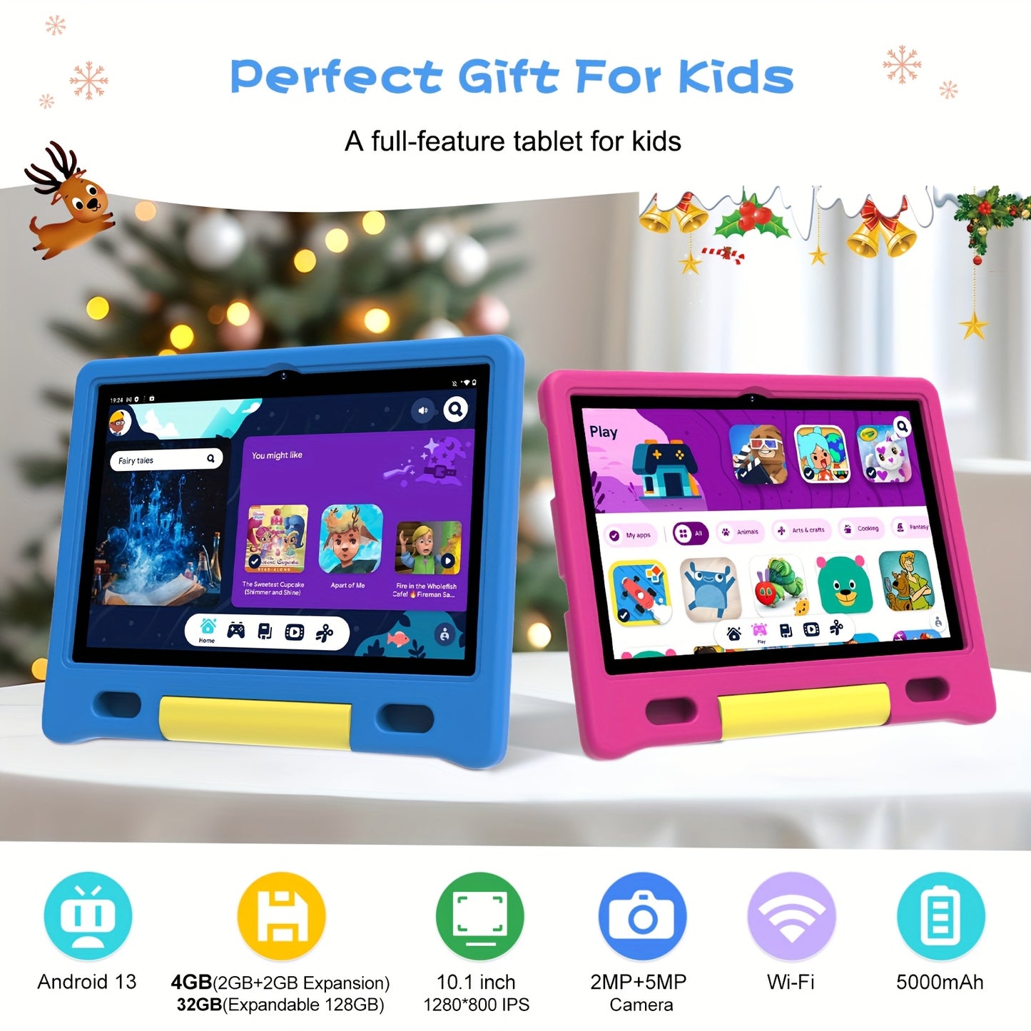 Apolomedia Kids Tablet, 10.1 Inch Android 13 Tablet For Kids, 128GB Expand, HD Touch Screen, 5-8 Hr Battery, Educational Games, Learning Tablet With Parental Control, Wi-Fi, Pre-Installed App, Tablet, Pad