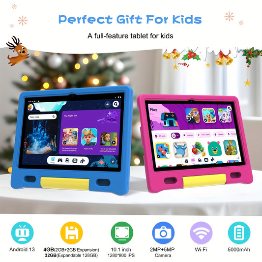 Expandable Up to 128GB, Kids Tablet, 10.1-Inch Android 13 Tablet, Shockproof Case, (2+2 Expansion) GB+32GB, 1280*800, 5000Mah, Dual Camera, 5MP+2MP, Parental Control, Kids Space, Best Gift for Kids (Pink+Blue), Tablet, Pad