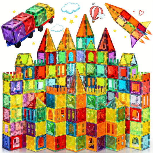 120\u002F102\u002F80pcs Deluxe Magnetic Tiles with 2 Cars Toy Set, 3D Diamond Magnet Tiles Building Blocks, Toys for 3 - 8 Years, STEM Preschool Kids Sensory Educational Toys Gift for Boys Girls, Easter