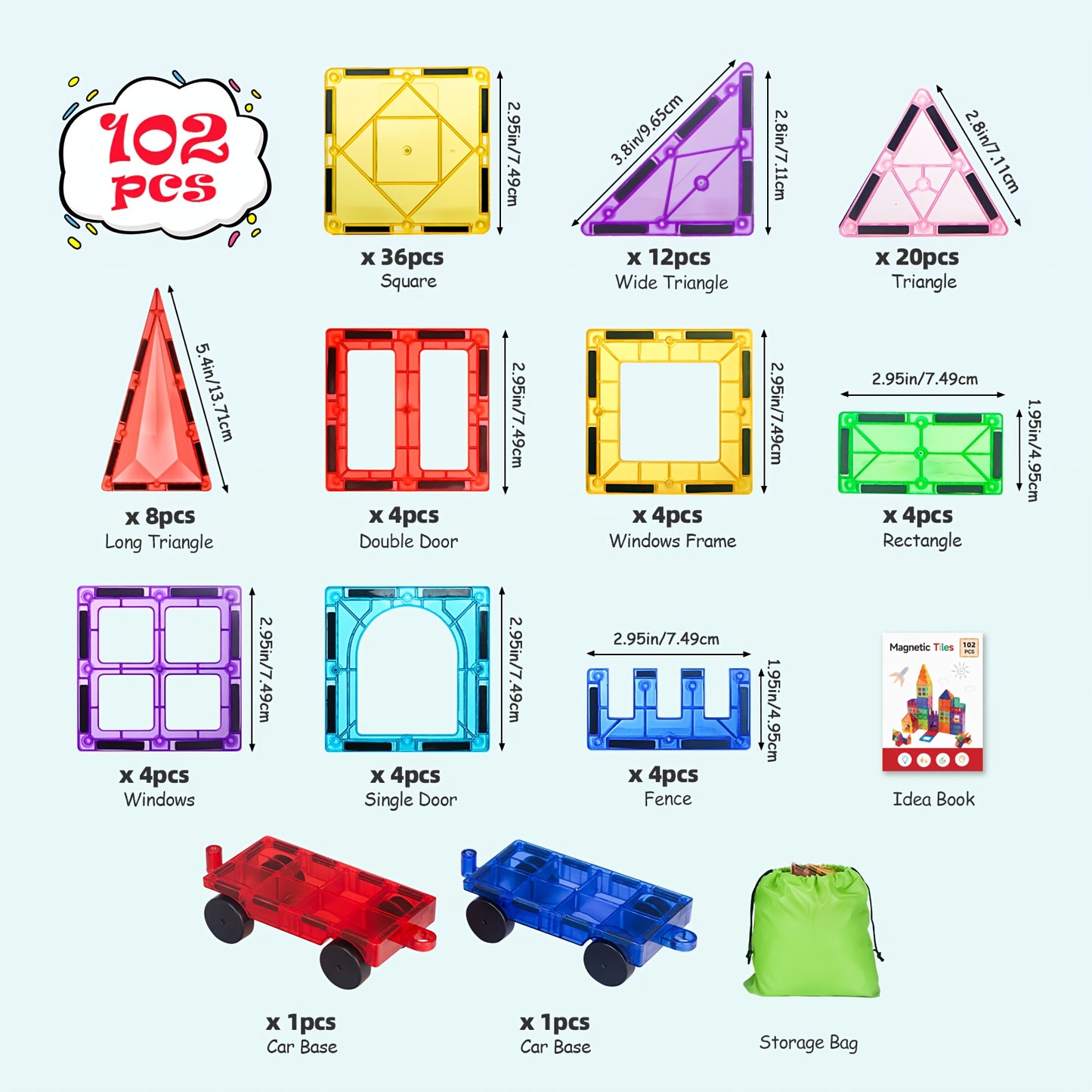 120\u002F102\u002F80pcs Deluxe Magnetic Tiles with 2 Cars Toy Set, 3D Diamond Magnet Tiles Building Blocks, Toys for 3 - 8 Years, STEM Preschool Kids Sensory Educational Toys Gift for Boys Girls, Easter