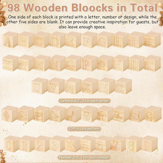 136pcs Marsui Shower Block Building - 98 Wood Blocks, 36 Markers & Storage Box with Alphabet, Numbers, Patterns - Gender Reveal Party Games, DIY Decor, Announcement Activity Kit for & Showers