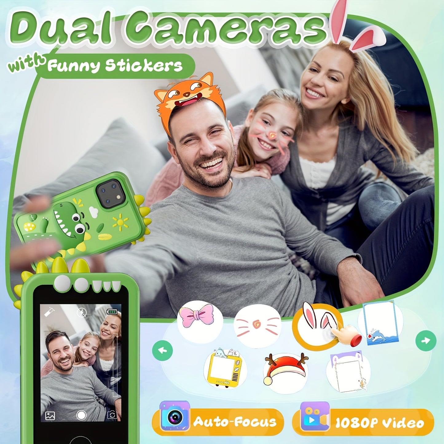 Dinosaur Phone Toy for Kids - Touchscreen HD Dual Camera Educational Learning Toy with Interactive Dinosaur Graphics, Travel & Birthday\u002FChristmas Gift for Boys & Girls Ages 3-14 (Peacock Green\u002FBlue)