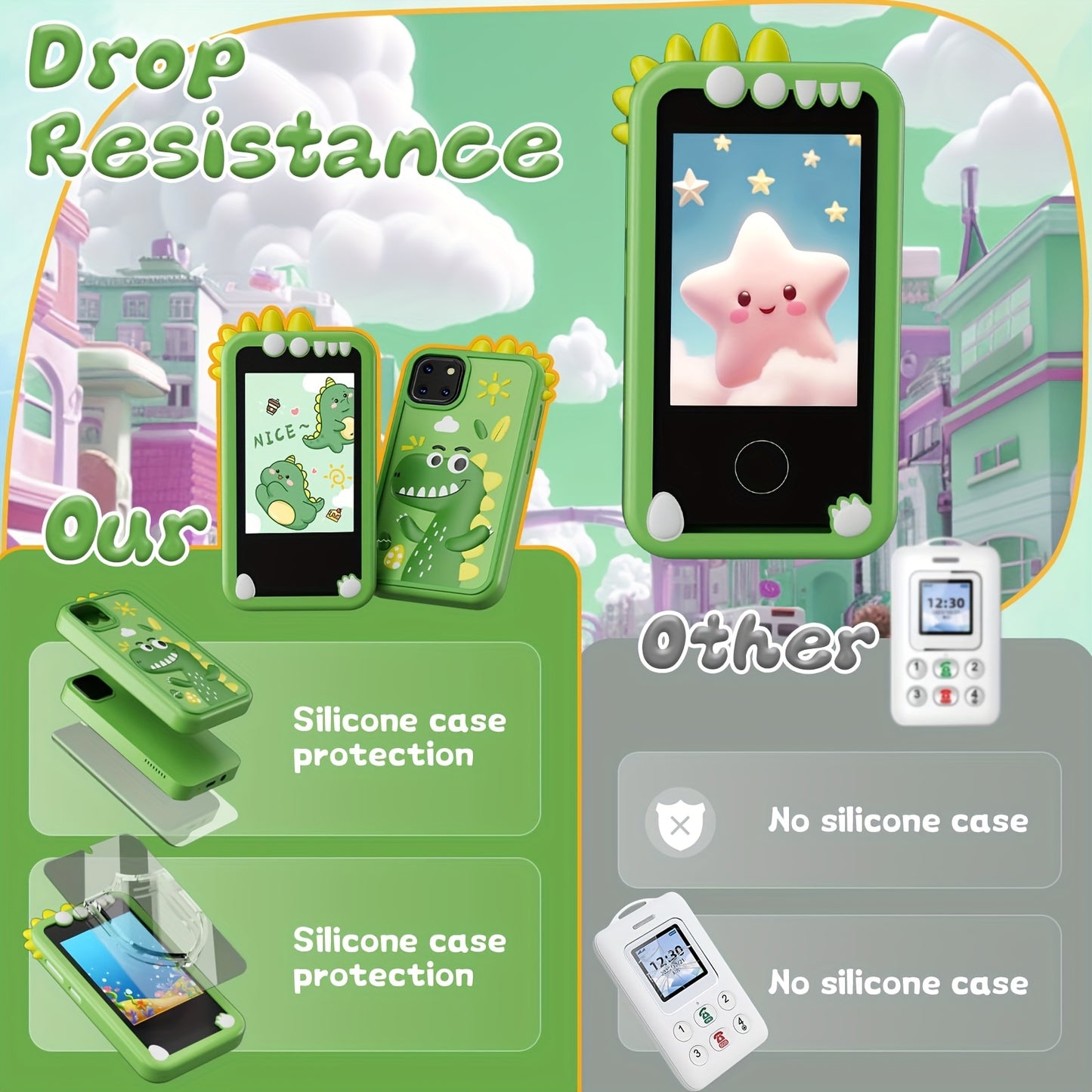 Dinosaur Phone Toy for Kids - Touchscreen HD Dual Camera Educational Learning Toy with Interactive Dinosaur Graphics, Travel & Birthday\u002FChristmas Gift for Boys & Girls Ages 3-14 (Peacock Green\u002FBlue)