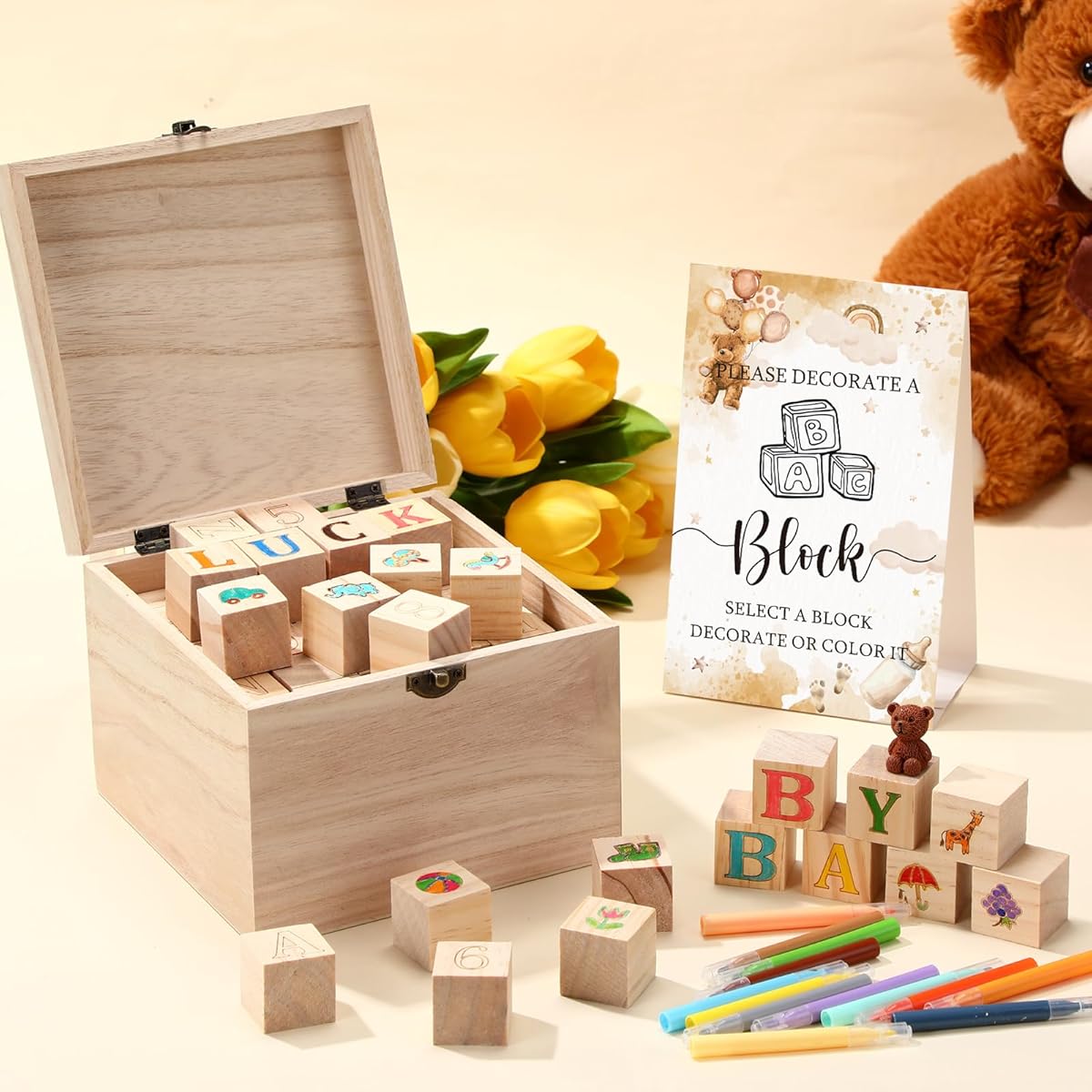 136pcs Marsui Shower Block Building - 98 Wood Blocks, 36 Markers & Storage Box with Alphabet, Numbers, Patterns - Gender Reveal Party Games, DIY Decor, Announcement Activity Kit for & Showers
